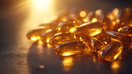 Beautiful golden oil capsules illuminated by sunlight creating a warm atmosphere on a surface : Generative AI