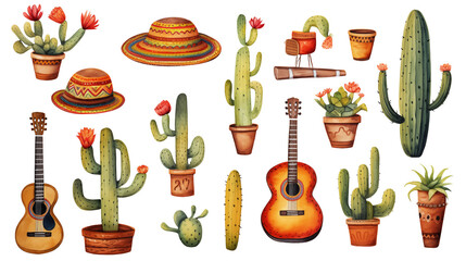 Set of 16 mexican clipart: guitar, cactus, Sombrero, and more. Fiesta illustrations.
