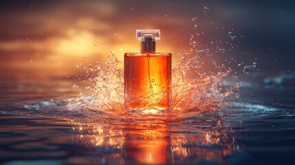 Amber perfume bottle in water splash, sunset background; advertising