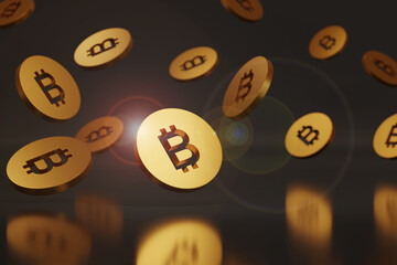 Golden Bitcoin coins falling through the air. 3D illustration.