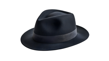 Classic black fedora hat on transparent background