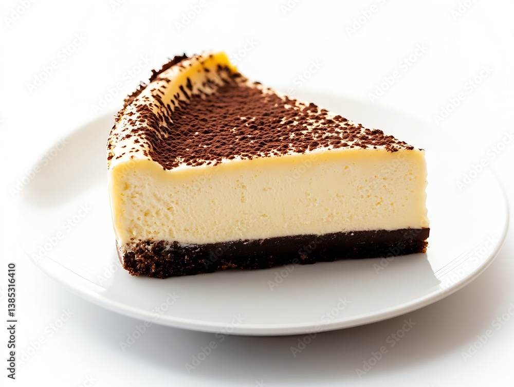 Poster irresistible slice of cheesecake showcasing a velvety texture and chocolate crust on a white plate :