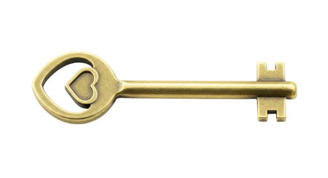 Isolated Vintage Heart Shaped Key with Intricate Design