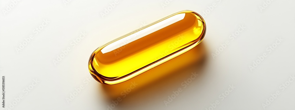 Poster detail view of a bright yellow oval gelatin capsule captured with a focus on clarity and reflection 