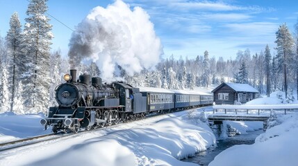 A diesel-powered train being refueled at a rural station, steam rising into the cold morning air