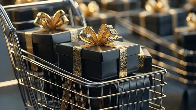 A shopping cart displays black gift boxes adorned with gold ribbons, perfect for celebrating a memorable event. The setting features various gifts waiting to be unwrapped