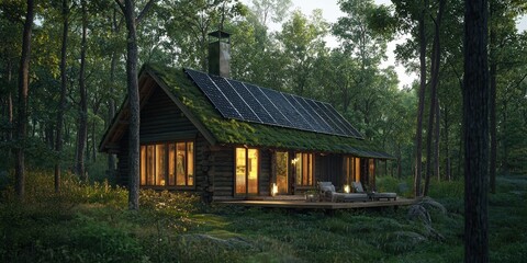 a small cabin in the woods with solar panels on the roof. 