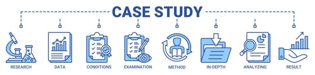 Case study banner web icon vector illustration concept with icon of research, data, conditions, examination, method, in-depth, analyzing, and result icons. Outline blue color symbol background.