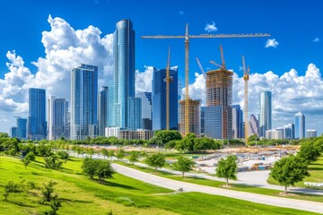 A downtown skyline with construction cranes, showing a city in constant evolution