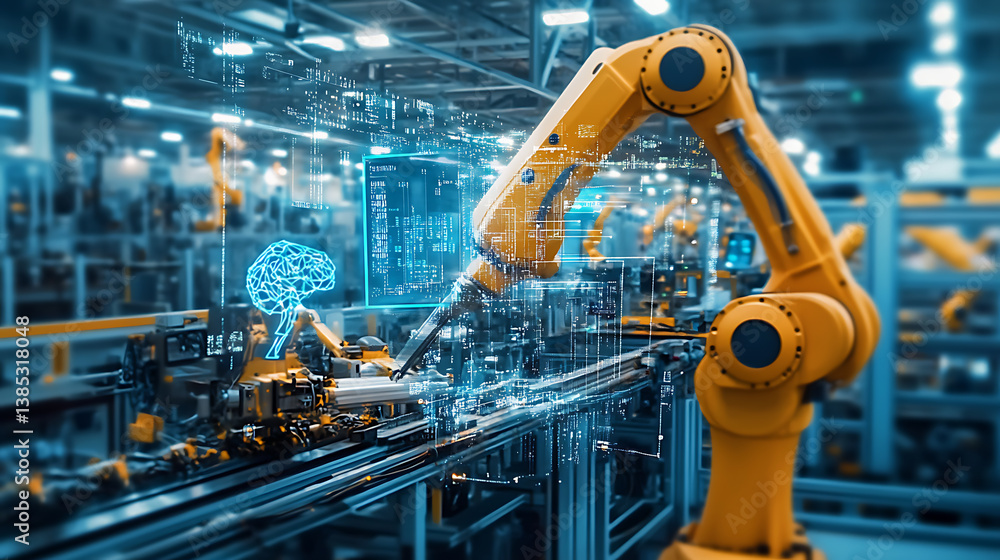 Poster an ai powered system analyzing manufacturing processes for efficiency and waste reduction, factory f