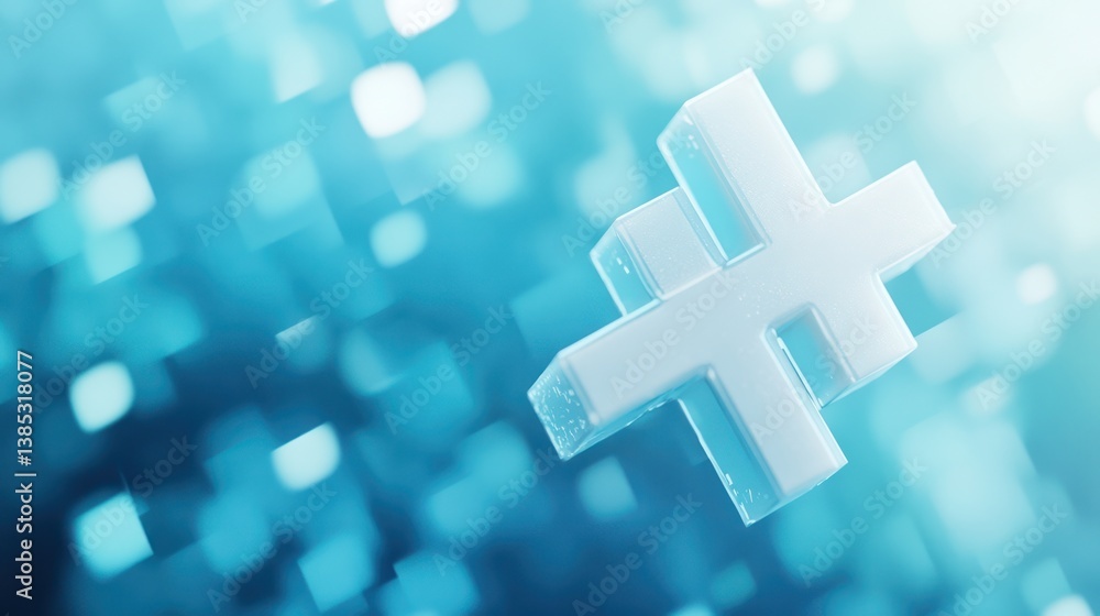 Poster abstract plus symbol on a blue bokeh background. possible use stock photo for medical, technology, o