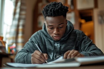 African American teenage student taking notes for an exam while distance learning at home. Black guy working on his homework writing paper, Generative AI