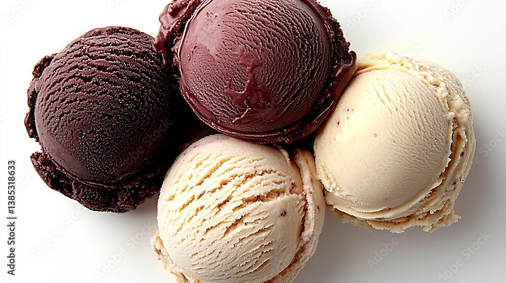 Poster elegant display of four ice cream scoops in rich chocolate and creamy vanilla flavors on a white bac