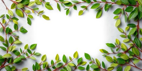 Obraz premium Green leaves and branches artfully arranged around a blank white card on gray backdrop, leaves, elegant