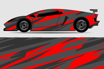Sleek sports car with dynamic red and gray graphics on a minimalist background