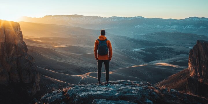 a man standing on a mountain looking out over a valley. 