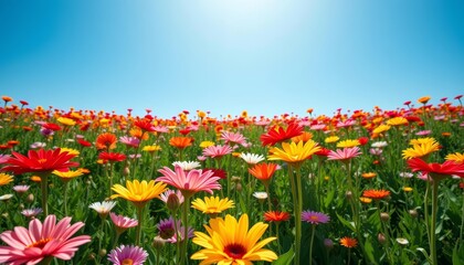 Obraz premium Low-angle panoramic view of a vibrant, seamless field of colorful flowers against a clear blue sky , fantasy, calm