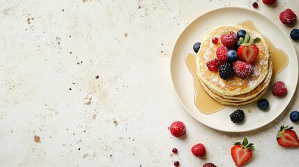A plate of homemade pancakes with syrup and fresh berries. Featuring indulgence and warmth
