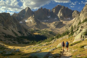 Obraz premium Hikers travel a path through a mountain valley under a blue sky