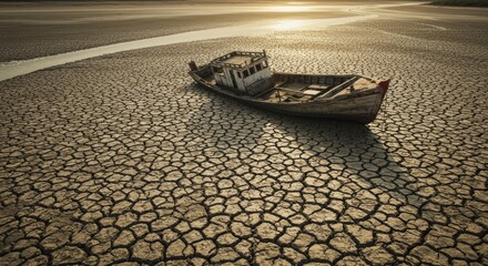 Parched landscape with stranded vessel highlighting ecological disaster plight