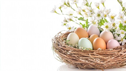 Hyper realistic close up of woven basket nest with pastel Easter eggs blooming spring flowers soft diffused lighting shallow depth of field clean white background created with Generative AI technology