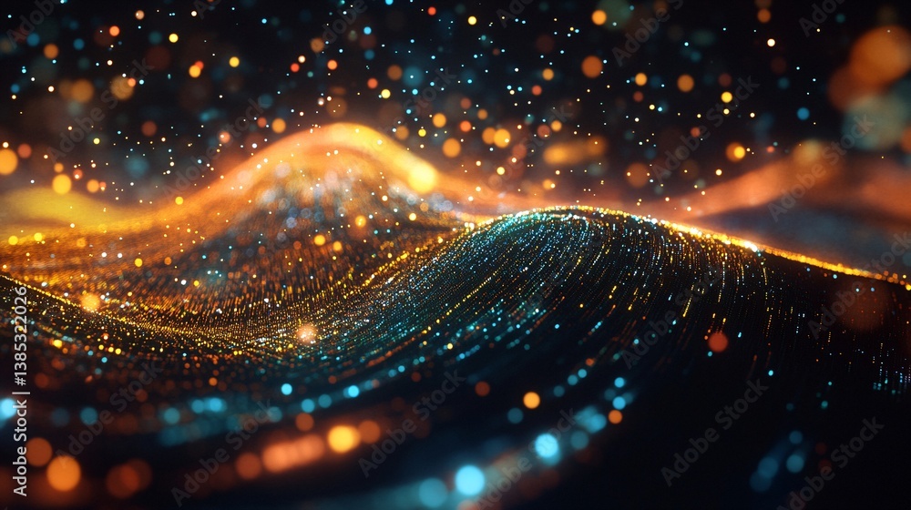Poster Ideal for projects needing a digital, futuristic, and technological aesthetic, this abstract wavy surface shines with particles and depth of field effect