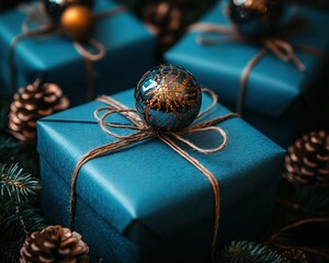 Teal Christmas Presents with Gold Accents