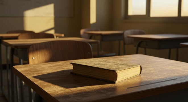 Solitary aged book atop a desk in abandoned classroom environment
