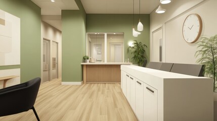 Modern waiting area interior design, muted color scheme, minimalist reception desk.  Possible use Stock photo for interior design magazines, healthcare advertising, or architectural portfolios