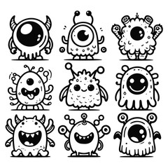 Playful Hand-Drawn Cartoon Monster Characters Coloring Page - Fun and Creative Activity for Kids