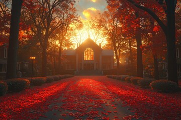 Autumnal Serenity: A Majestic Church at Sunset