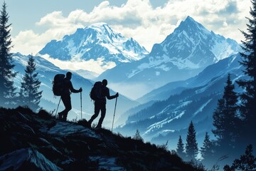 Two hikers traverse a mountain ridge towards snowy distant peaks