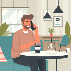 Young man talking on the phone while sitting in a cafe  