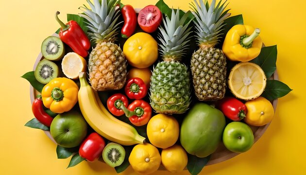 Tropical Fruit and Vegetable Platter with Pineapple, Kiwi, Banana, Lemon, Bell Pepper, Mango, Apple – Colorful Fresh Produce, Healthy Eating, Vegan Diet, Organic Food, Summer Vibes, Detox Nutrition