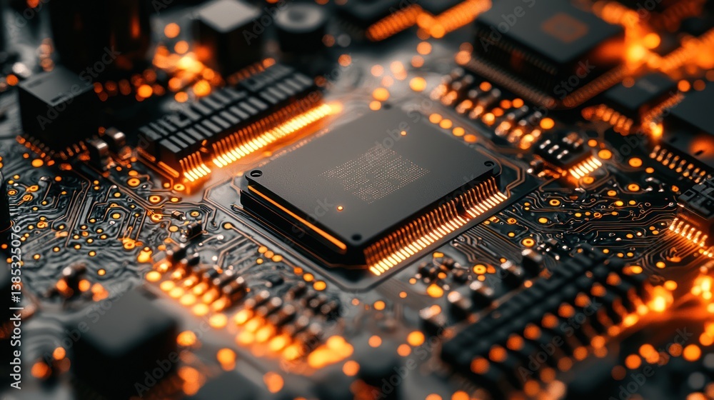 Poster close-up of illuminated cpu on circuit board, technology background, for tech articles