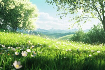 Beautiful green meadow with flowers under a bright blue sky