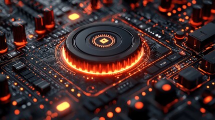 Obraz premium Futuristic circuit board, central processor, glowing orange, technology background, tech concept