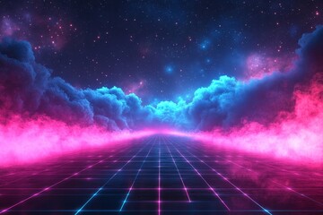 Synthwave vaporwave retrowave cyber background with copy space, laser grid, starry sky, blue and purple glows with smoke and particles. Design for poster, cover, wallpaper, web, banner, Generative AI