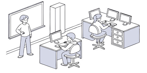 Office Workspace Vector Illustration: Collaborative Environment with Computers