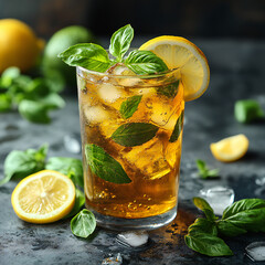 Fototapeta premium A chilled iced green tea with a lemon slice and a sprig of basil