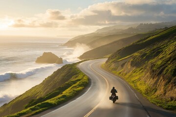 A motorcycle rider travels along a scenic coastal road at sunset