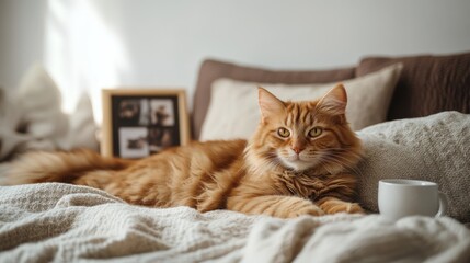 Relaxed ginger cat on a bed with photos
