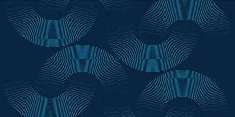 Dark blue abstract background with glowing circle lines. Geometric stripe line art design. Modern shiny blue diagonal rounded lines pattern. Futuristic technology concept. Vector illustration