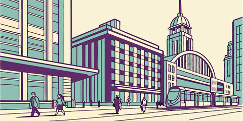 Modern Urban Cityscape Vector Illustration with Pedestrians and Buildings