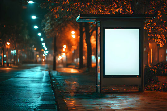 A modern bus stop with an advertisement billboard in a beautiful night city