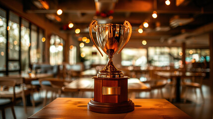 Luxury restaurant interior with golden trophy on wooden podium, elegant award ceremony concept for fine dining excellence and culinary achievement.