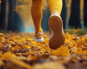 Autumn Jogging: Golden Leaves and a Runner's Foot