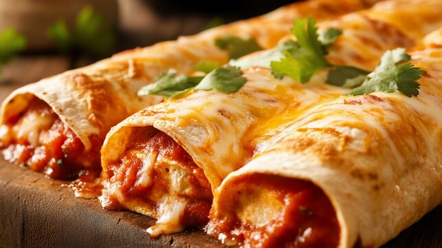 Enchiladas covered in cheese and red sauce, garnished with cilantro on wood
