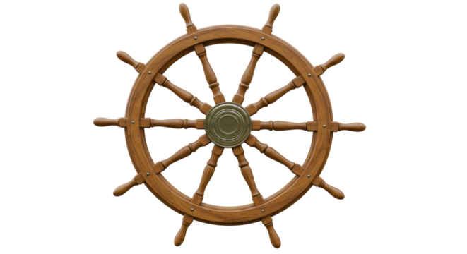 Isolated Wooden Ship Steering Wheel with Brass Center