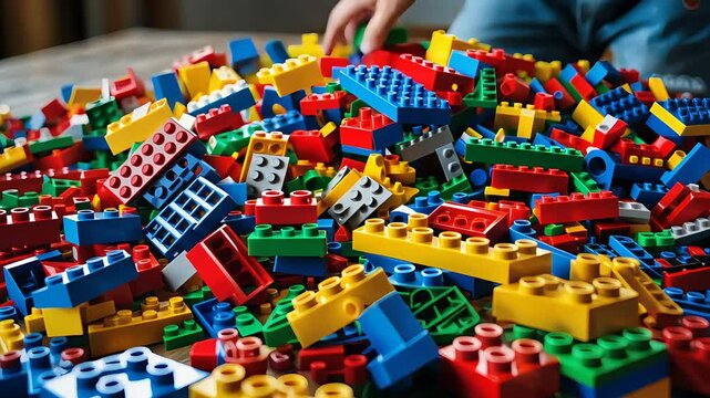Pile of colorful interlocking plastic building bricks in red, blue, yellow, and green with child's hand reaching in to play and build

